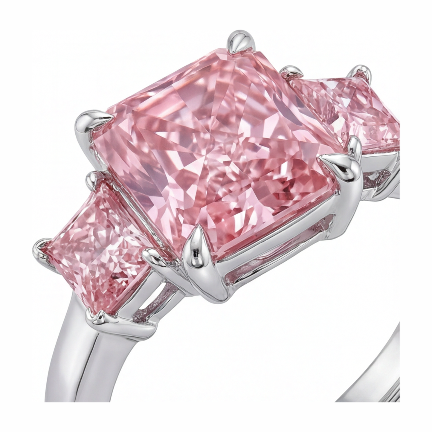 Pink Diamond Engagement Ring 5.5 Carat Lab Grown Radiant Three Stone Plain 14K White Gold