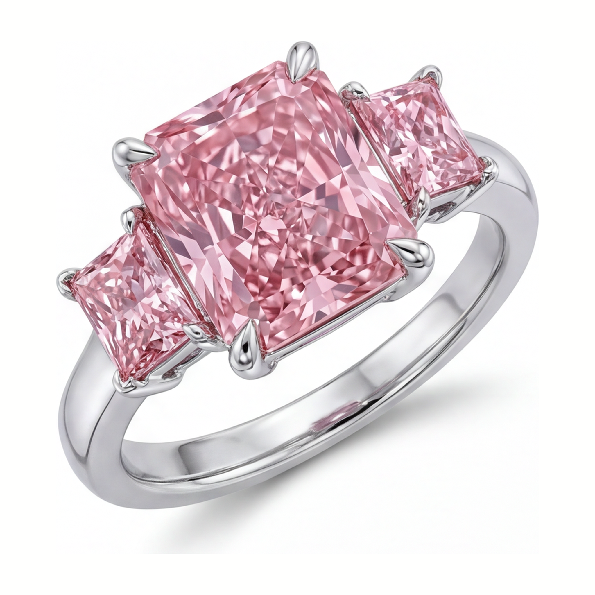 Pink Diamond Engagement Ring 5.5 Carat Lab Grown Radiant Three Stone Plain 14K White Gold