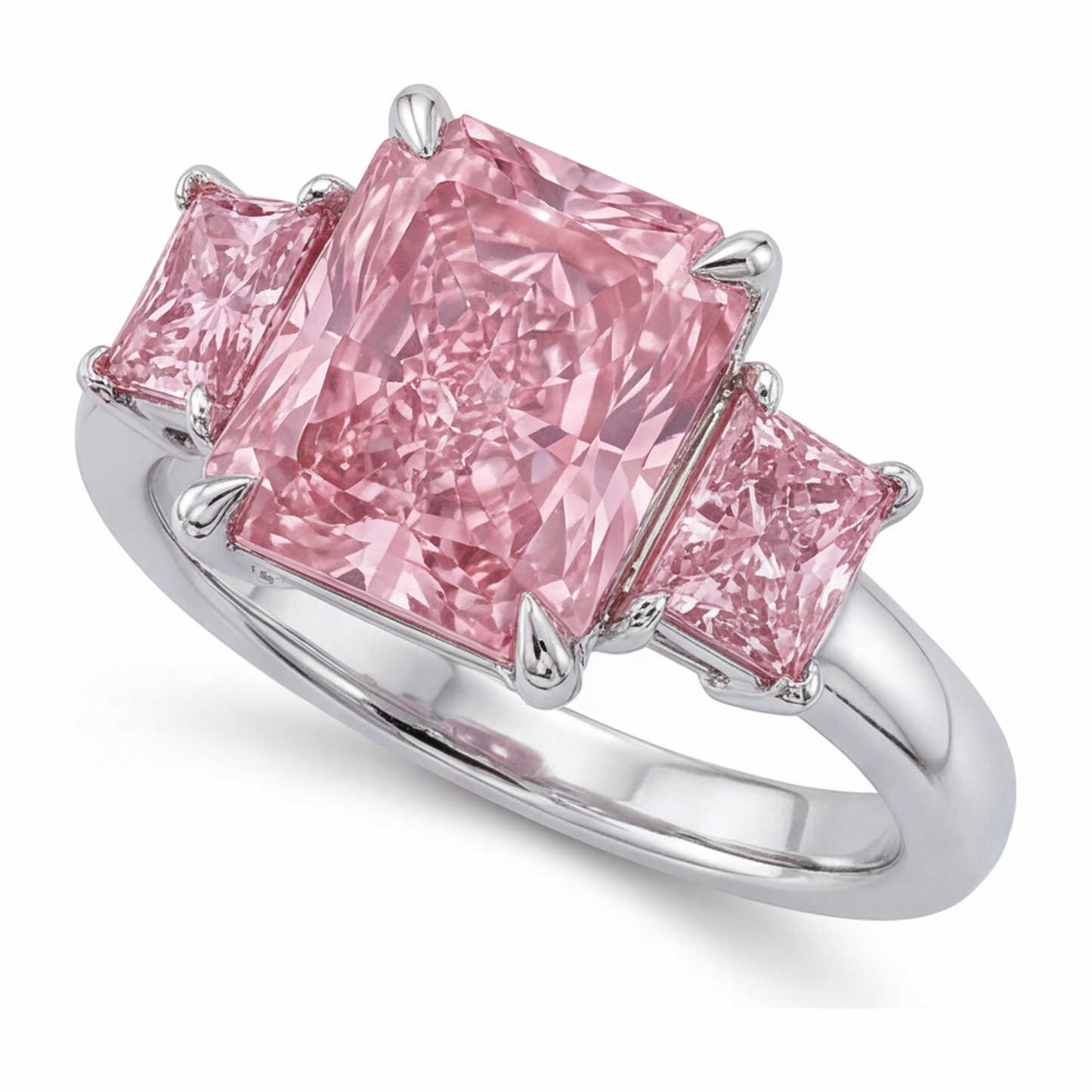 Pink Diamond Engagement Ring 5.5 Carat Lab Grown Radiant Three Stone Plain 14K White Gold