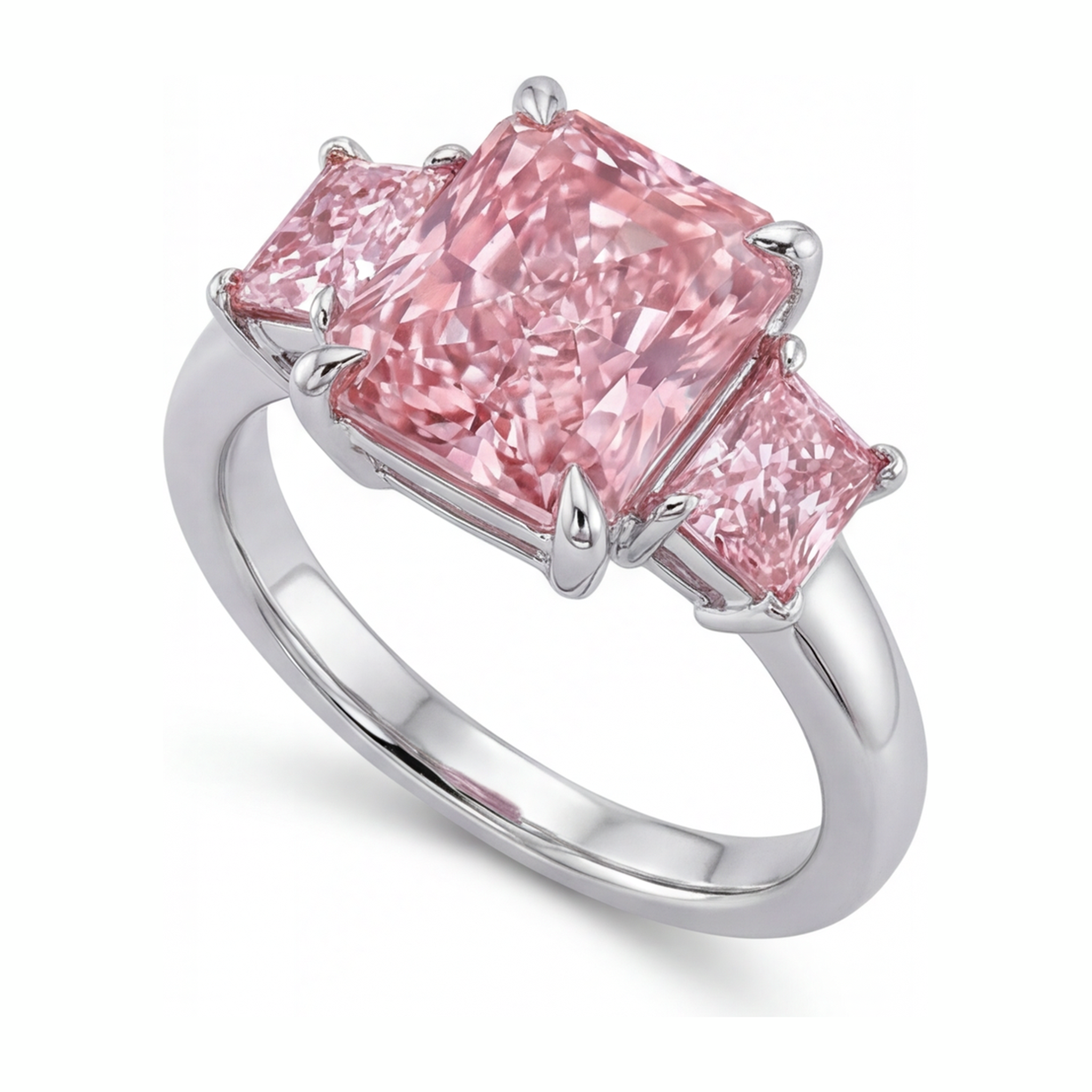 Pink Diamond Engagement Ring 5.5 Carat Lab Grown Radiant Three Stone Plain 14K White Gold