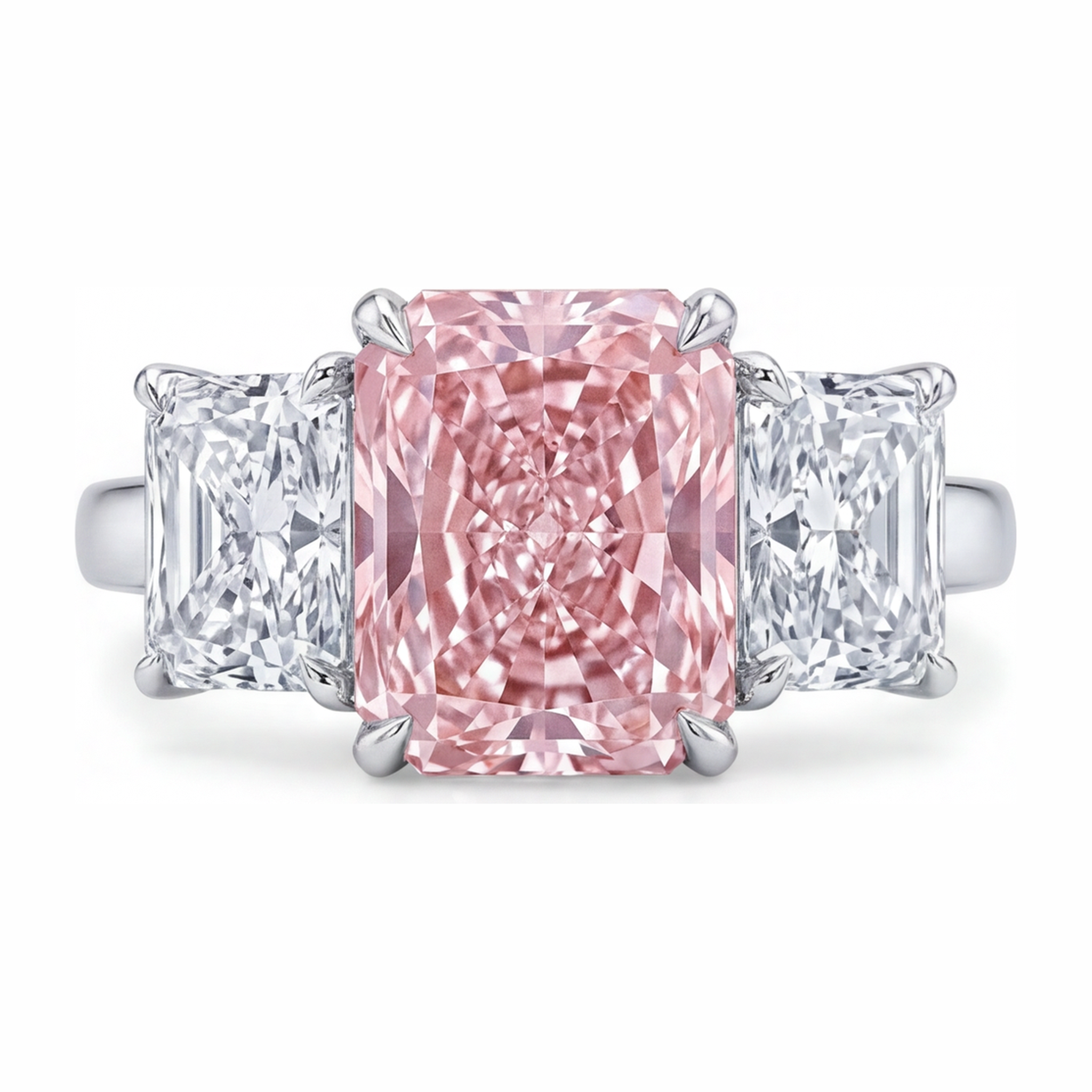 Pink Stone Engagement Ring 5.5 Carat Lab Grown Radiant Diamond Three Cathedral 14K White Gold