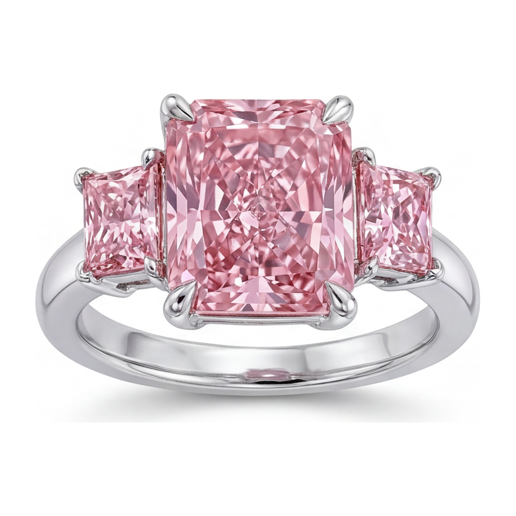 Pink Diamond Engagement Ring 5.5 Carat Lab Grown Radiant Three Stone Plain 14K White Gold