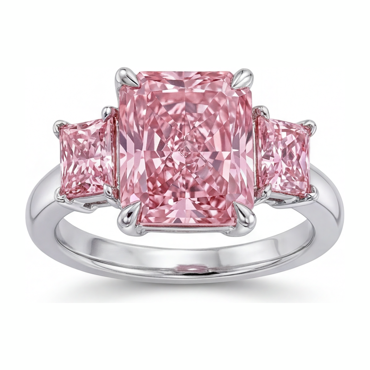 Pink Diamond Engagement Ring 5.5 Carat Lab Grown Radiant Three Stone Plain 14K White Gold