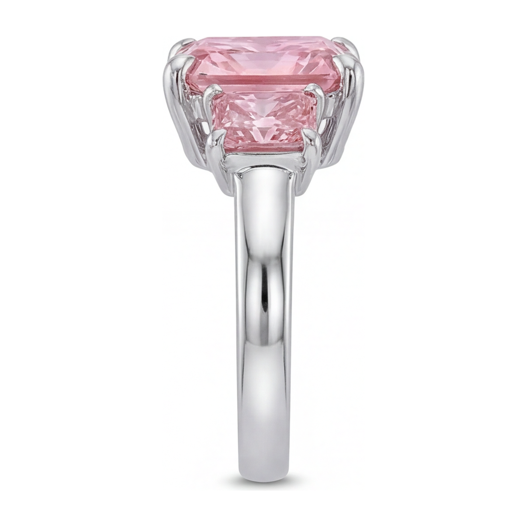 Pink Diamond Engagement Ring 5.5 Carat Lab Grown Radiant Three Stone Plain 14K White Gold