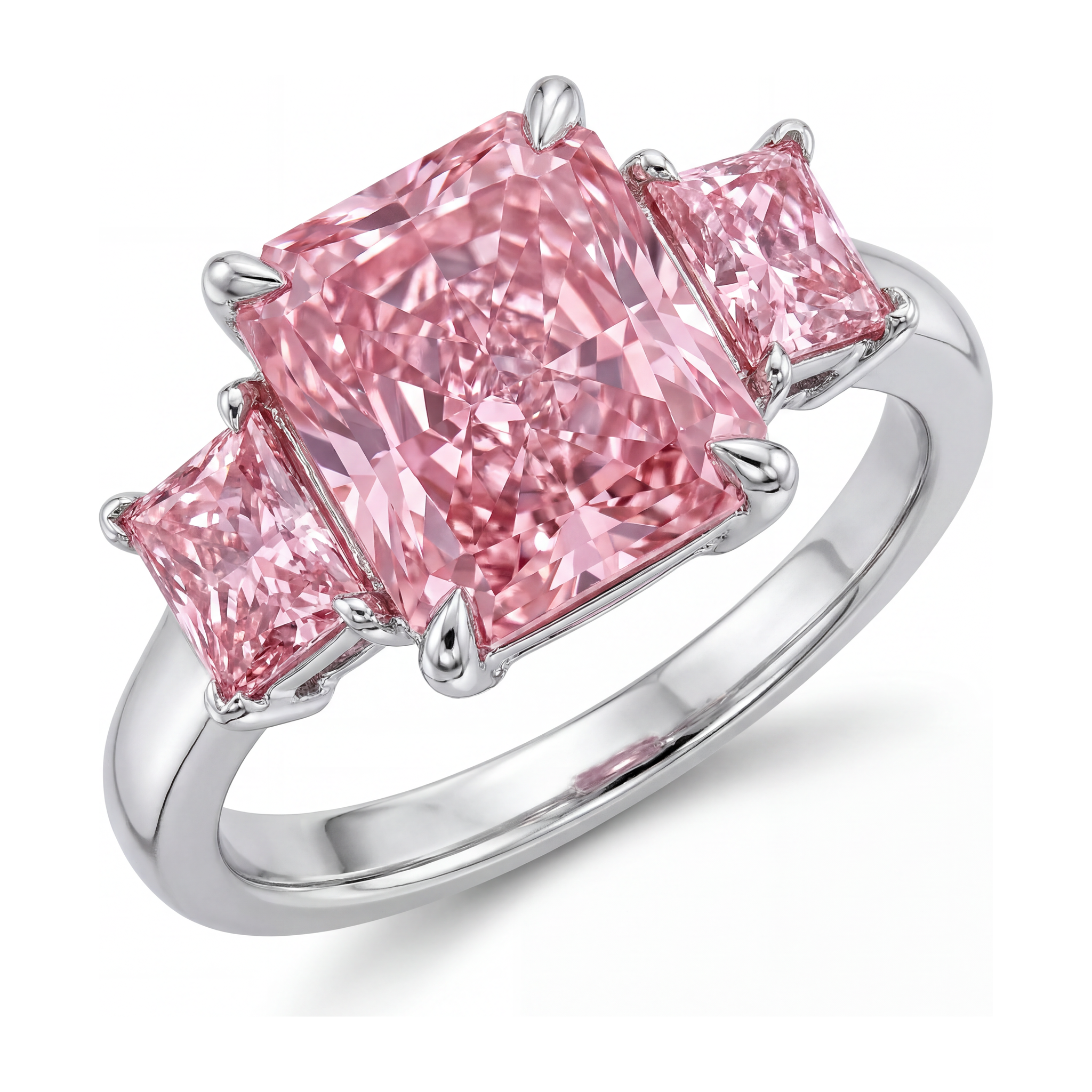 Pink Diamond Engagement Ring 5.5 Carat Lab Grown Radiant Three Stone Plain 14K White Gold