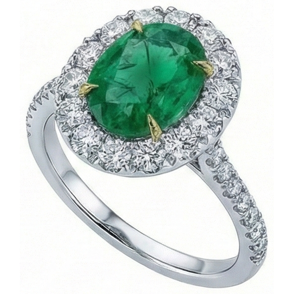 5.50 Carats Green Emerald And Natural Earth Mined Diamonds Engagement Ring Two Tone 14K