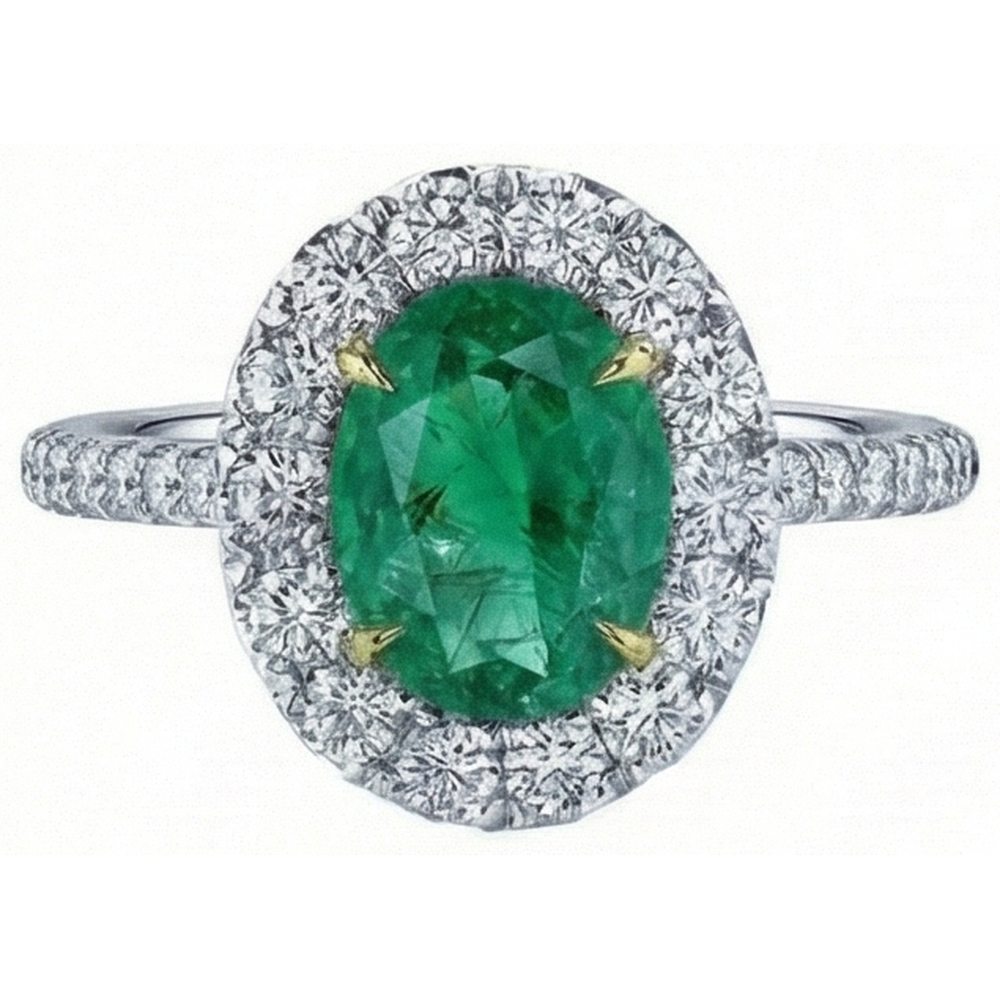 5.50 Carats Green Emerald And Natural Earth Mined Diamonds Engagement Ring Two Tone 14K