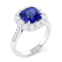 5.50 Carats Halo Cushion Deep Blue Sapphire Ring & Natural Earth Mined Diamond Jewellery