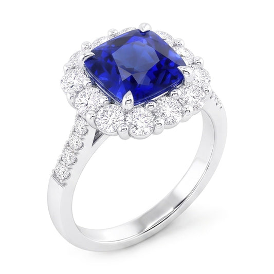 5.50 Carats Halo Cushion Deep Blue Sapphire Ring & Natural Earth Mined Diamond Jewellery