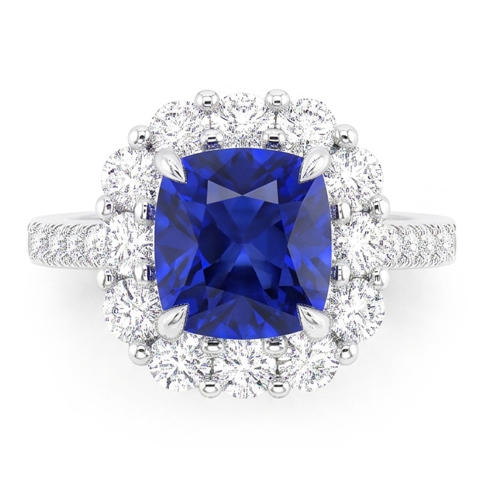 5.50 Carats Halo Cushion Deep Blue Sapphire Ring & Natural Earth Mined Diamond Jewellery