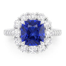 5.50 Carats Halo Cushion Deep Blue Sapphire Ring & Natural Earth Mined Diamond Jewellery