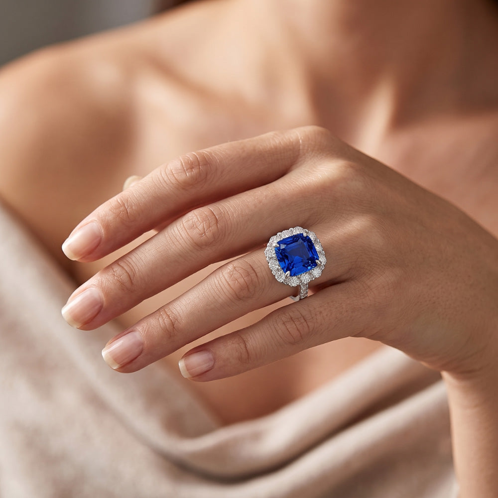 5.50 Carats Halo Cushion Deep Blue Sapphire Ring & Natural Earth Mined Diamond Jewellery