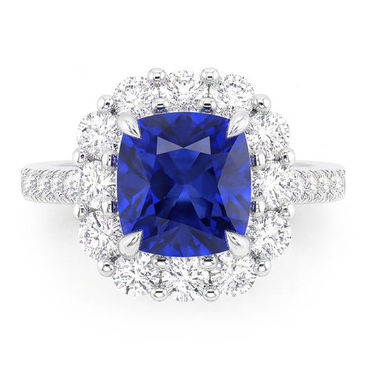 5.50 Carats Halo Cushion Deep Blue Sapphire Ring & Natural Earth Mined Diamond Jewellery