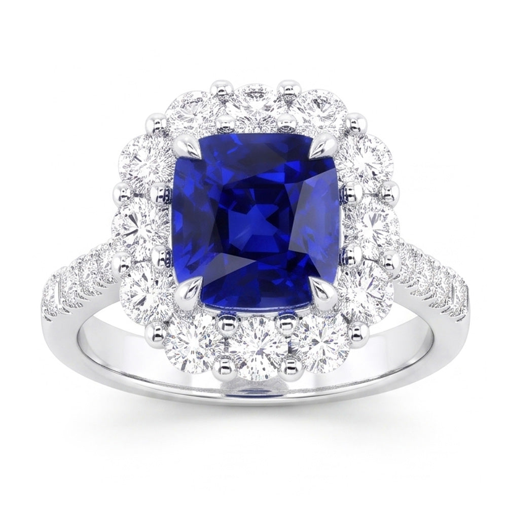 5.50 Carats Halo Cushion Deep Blue Sapphire Ring & Natural Earth Mined Diamond Jewellery