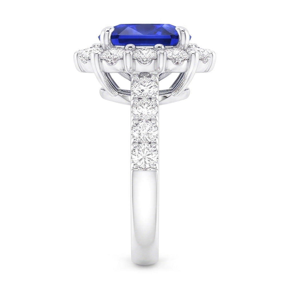 5.50 Carats Halo Cushion Deep Blue Sapphire Ring & Natural Earth Mined Diamond Jewellery