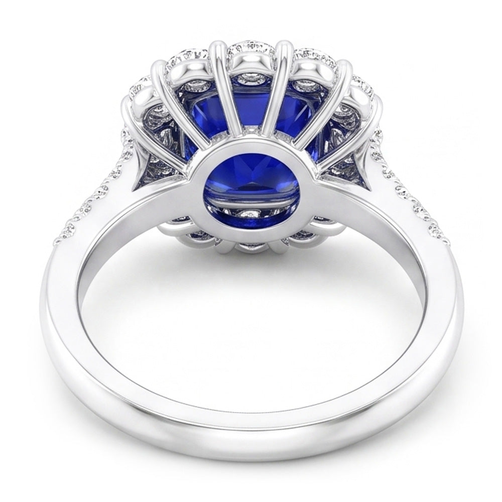 5.50 Carats Halo Cushion Deep Blue Sapphire Ring & Natural Earth Mined Diamond Jewellery