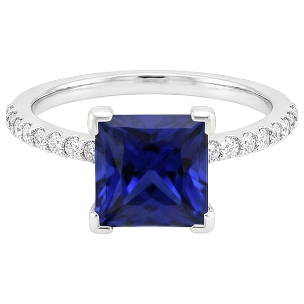 5.50 Carats Solitaire Princess Blue Sapphire With Accents Pave Setting