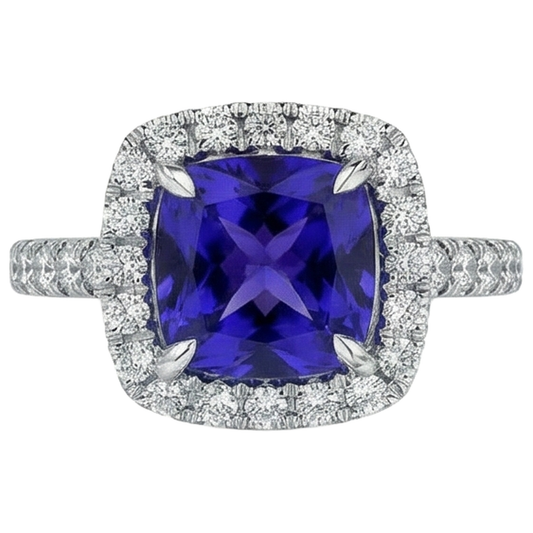 5.50 Ct Cushion Tanzanite With Round Natural Earth Mined Diamonds Ring Gold