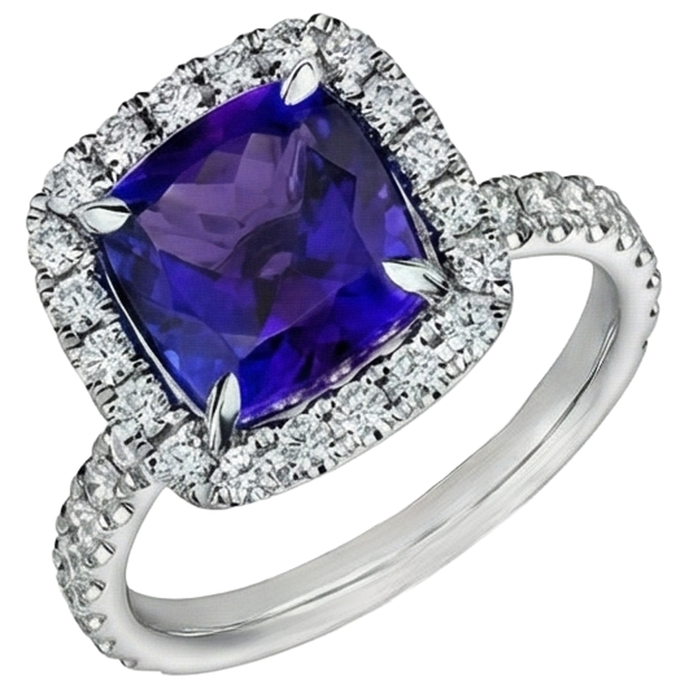 5.50 Ct Cushion Tanzanite With Round Natural Earth Mined Diamonds Ring Gold