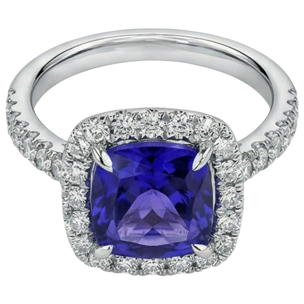 5.50 Ct Cushion Tanzanite With Round Natural Earth Mined Diamonds Ring Gold