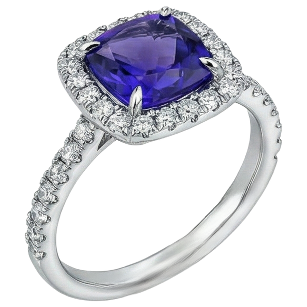 5.50 Ct Cushion Tanzanite With Round Natural Earth Mined Diamonds Ring Gold