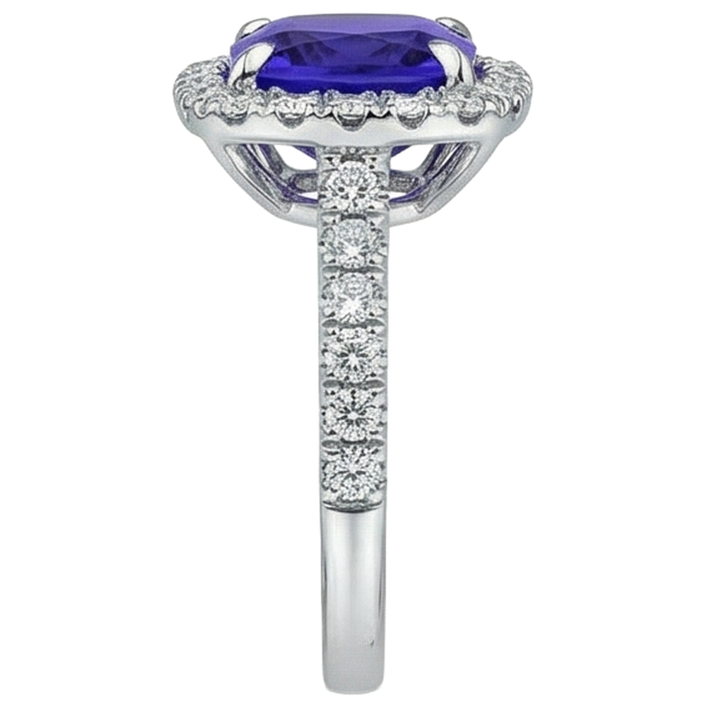 5.50 Ct Cushion Tanzanite With Round Natural Earth Mined Diamonds Ring Gold