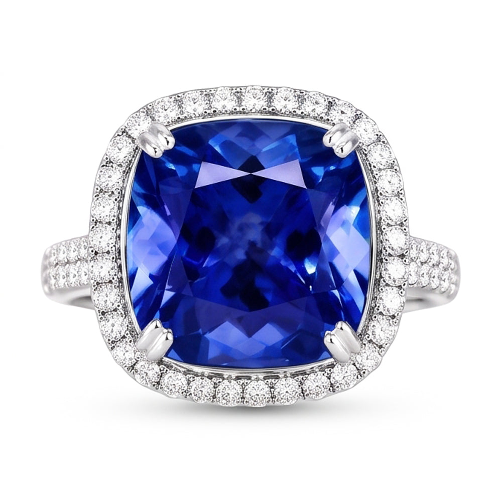 5.70 Ct Big Cushion Tanzanite & Round Natural Earth Mined Diamond Ring White Gold 14K