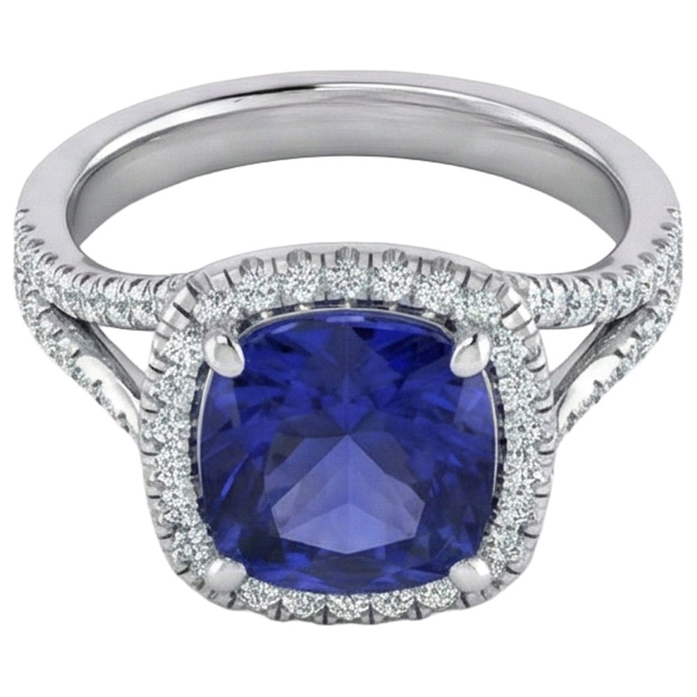 5.70 Ct Big Cushion Tanzanite & Round Natural Earth Mined Diamond Ring White Gold 14K