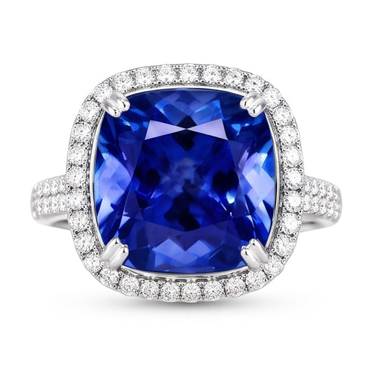 5.70 Ct Big Cushion Tanzanite & Round Natural Earth Mined Diamond Ring White Gold 14K