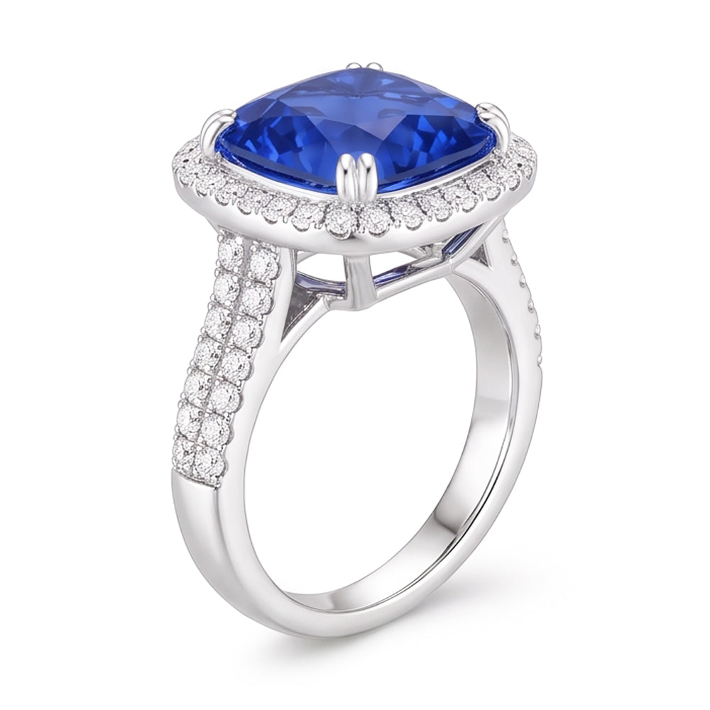5.70 Ct Big Cushion Tanzanite & Round Natural Earth Mined Diamond Ring White Gold 14K