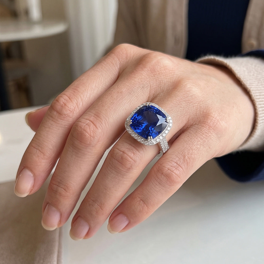 5.70 Ct Big Cushion Tanzanite & Round Natural Earth Mined Diamond Ring White Gold 14K