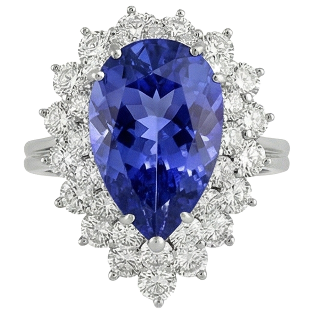 5.75 Ct Pear Tanzanite With Natural Earth Mined Diamonds Ring White Gold