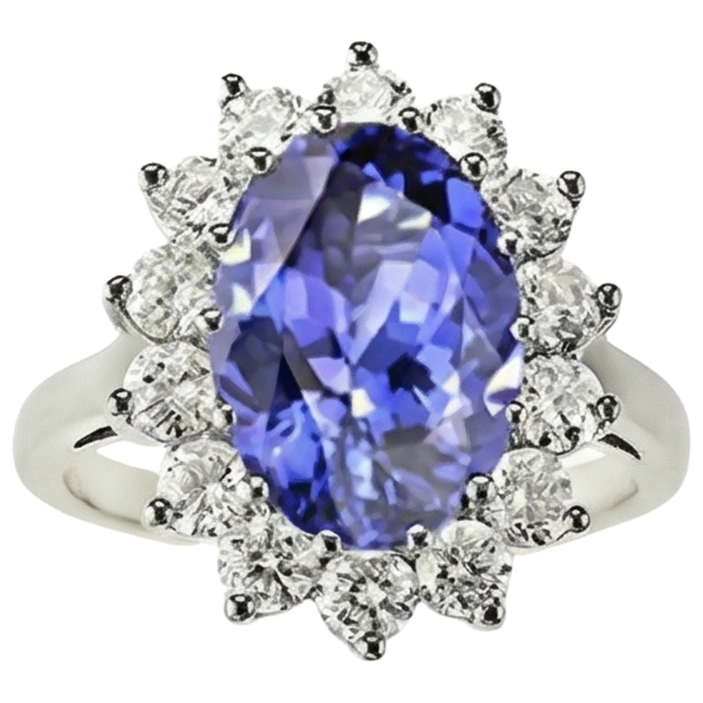 5.80 Ct Blue Tanzanite With White Natural Earth Mined Diamonds Ring Gold