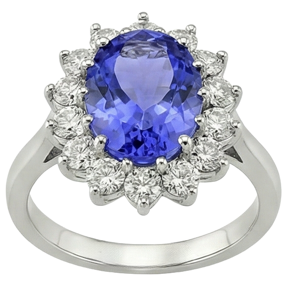 5.80 Ct Blue Tanzanite With White Natural Earth Mined Diamonds Ring Gold