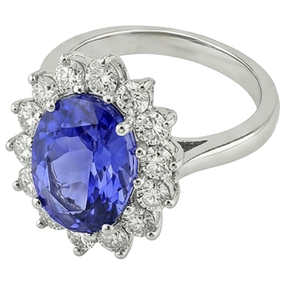 5.80 Ct Blue Tanzanite With White Natural Earth Mined Diamonds Ring Gold