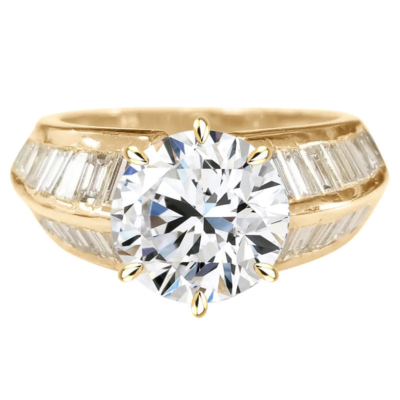 5 Carat Round Real Diamond Women's Ring With Knife Edge Baguette Accents