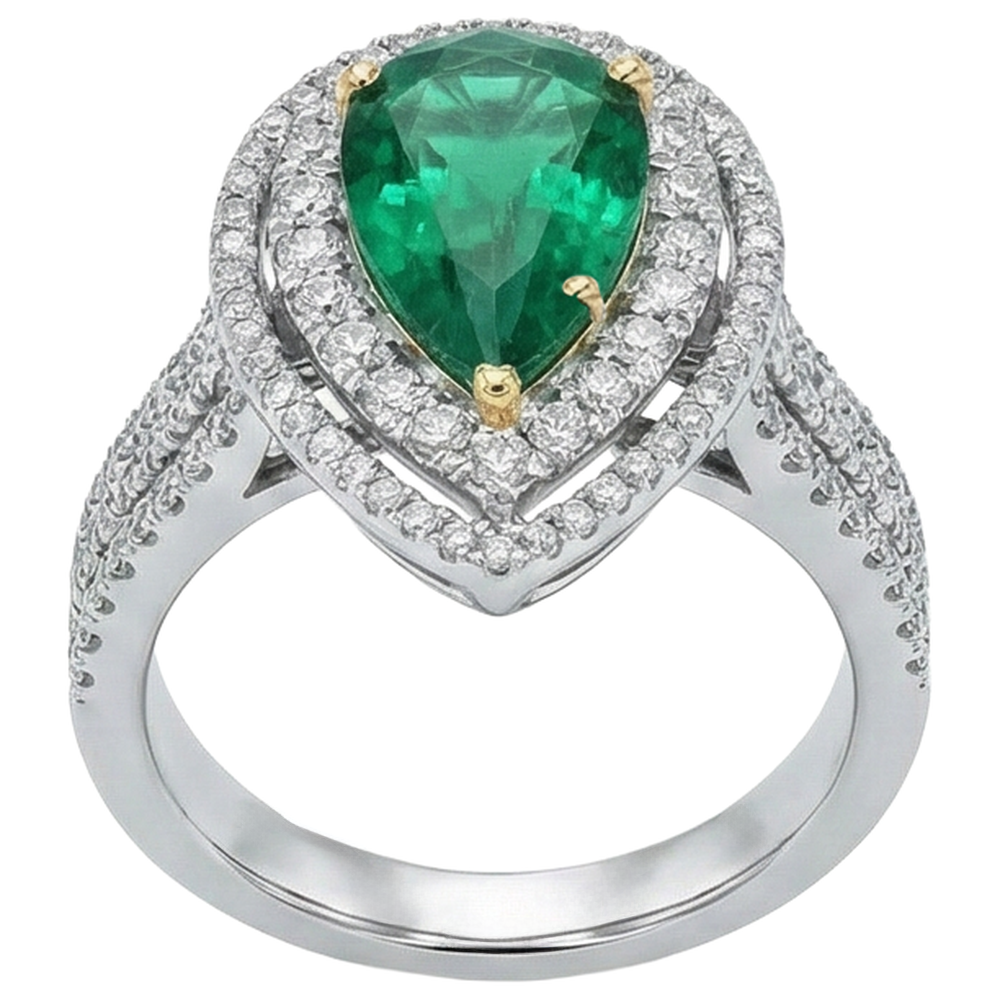 5 Carats Beautiful Pear Green Emerald Natural Earth Mined Diamond Ring White Gold 14K