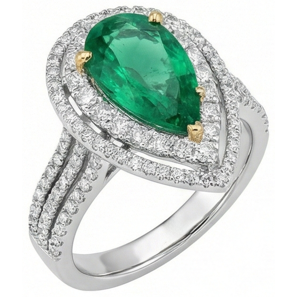 5 Carats Beautiful Pear Green Emerald Natural Earth Mined Diamond Ring White Gold 14K