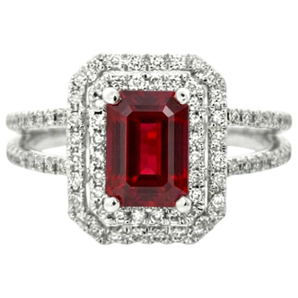 5 Carats Emerald Cut Ruby And Natural Earth Mined Diamond Ring White Gold 14K Jewellery