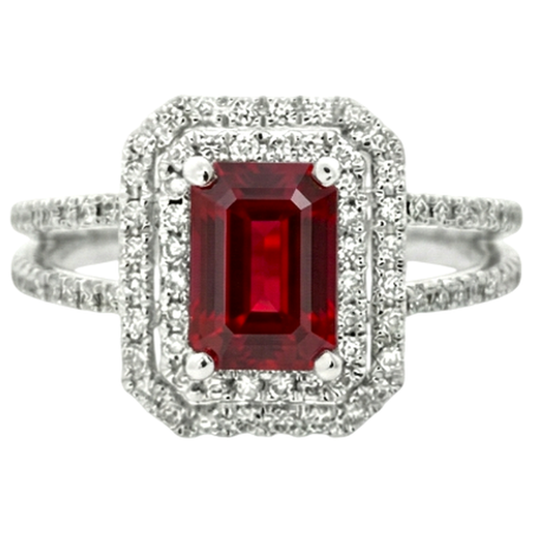 5 Carats Emerald Cut Ruby And Natural Earth Mined Diamond Ring White Gold 14K Jewellery