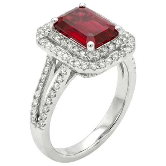 5 Carats Emerald Cut Ruby And Natural Earth Mined Diamond Ring White Gold 14K Jewellery