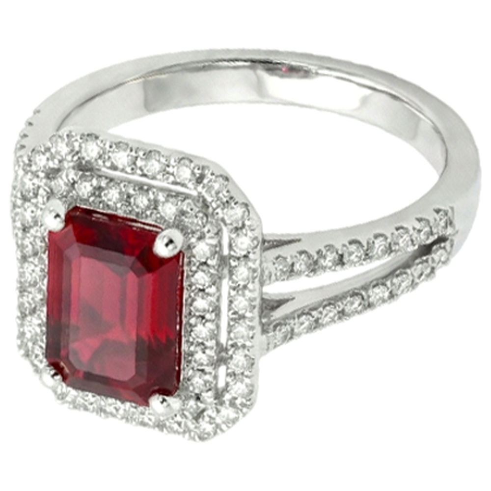 5 Carats Emerald Cut Ruby And Natural Earth Mined Diamond Ring White Gold 14K Jewellery