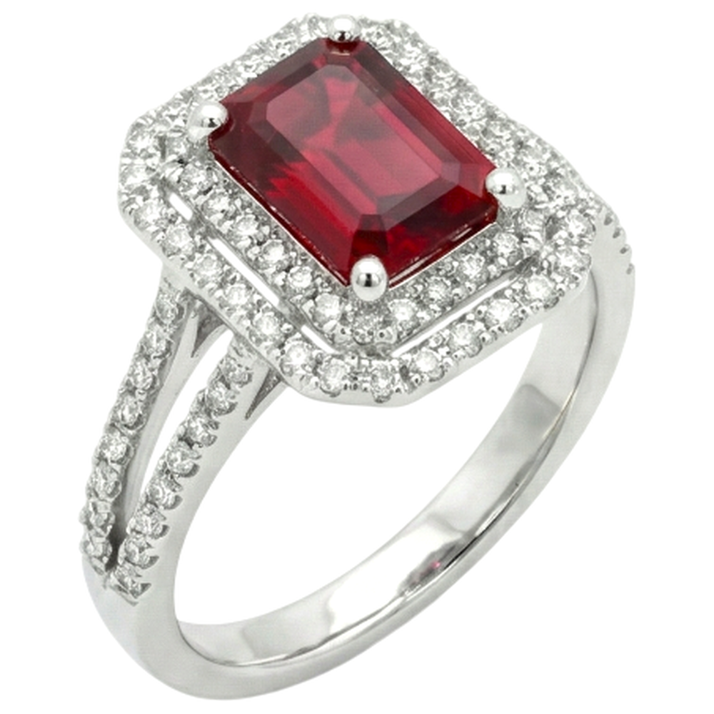 5 Carats Emerald Cut Ruby And Natural Earth Mined Diamond Ring White Gold 14K Jewellery