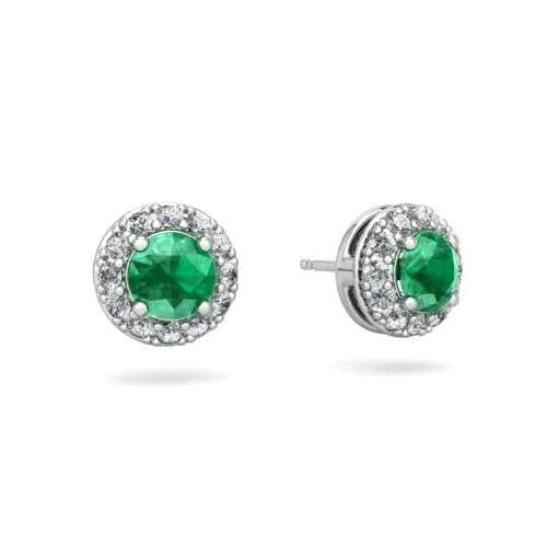 5 Carats Green Emerald With Diamonds Halo Studs Earrings Gold White 14K