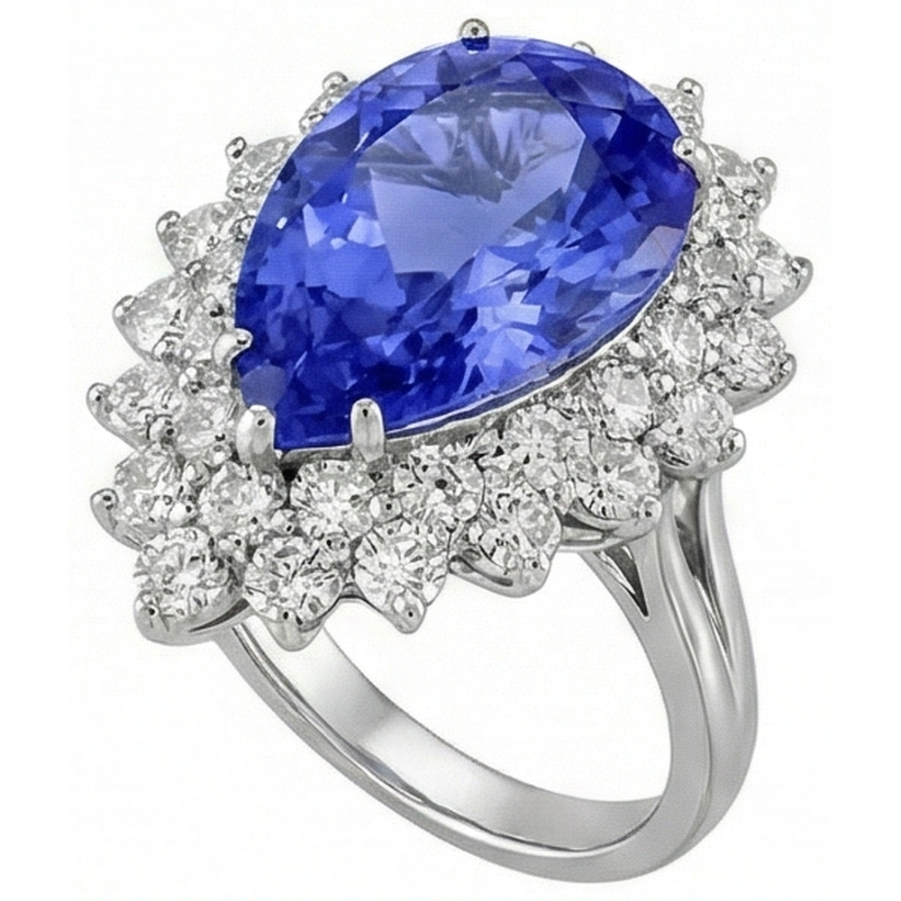 5 Carats Halo Pear Tanzanite & Natural Earth Mined Diamond Engagement Ring