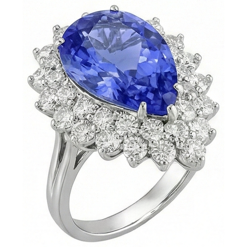 5 Carats Halo Pear Tanzanite & Natural Earth Mined Diamond Engagement Ring