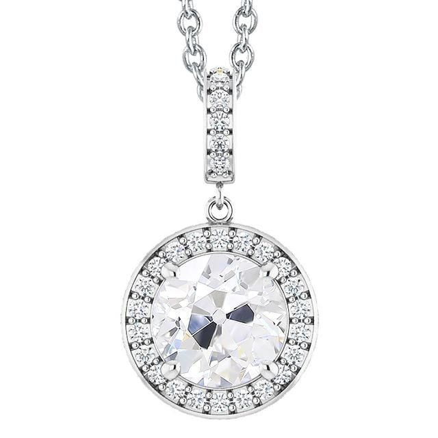 5 Carats Halo Real Natural Earth Mined Diamond Pendant Round Old Mine Cut White Gold 14K