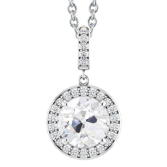 5 Carats Halo Real Natural Earth Mined Diamond Pendant Round Old Mine Cut White Gold 14K