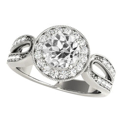 5 Carats Halo Round Old Cut Real Diamond Wedding Ring Split Shank