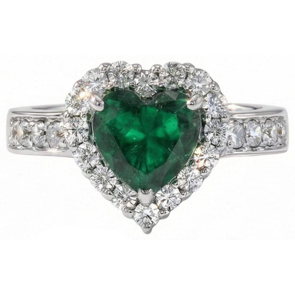 5 Carats Heart Cut Green Emerald And Natural Earth Mined DIAMOND ( NOT LAB GROWN ) Ring White 14K